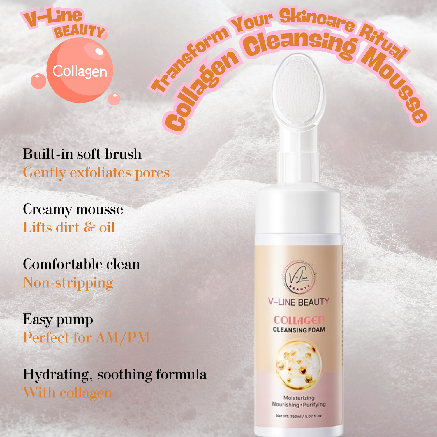 V-Line Beauty Collagen Cleansing Foam with Built-in Brush – Moisturizing, Nourishing &amp; Purifying Face Wash with Botanical Extracts for All Skin Types, Light Citrus Scent, 150 ml / 5.07 fl oz V-Line Beauty