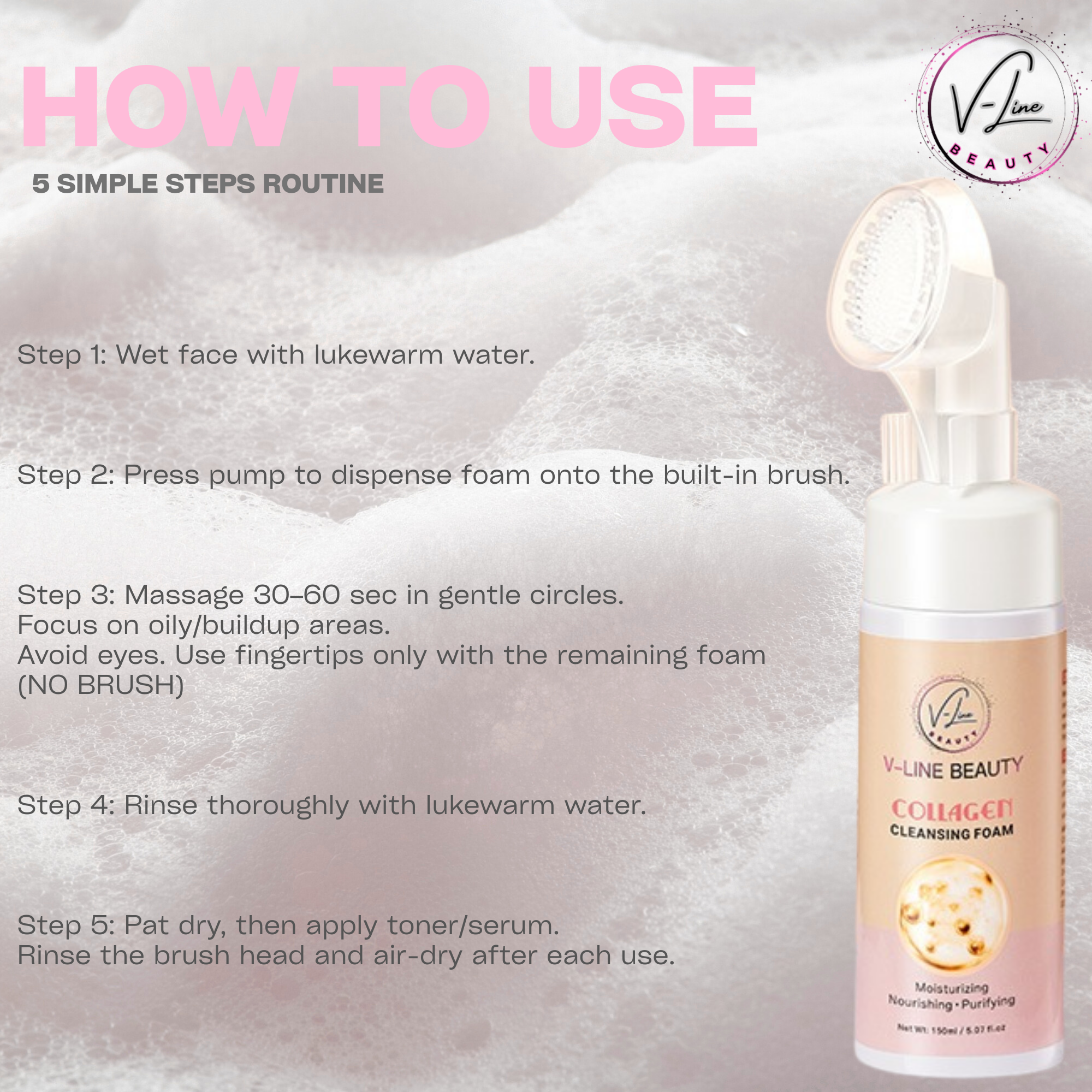 V-Line Beauty Collagen Cleansing Foam with Built-in Brush – Moisturizing, Nourishing &amp; Purifying Face Wash with Botanical Extracts for All Skin Types, Light Citrus Scent, 150 ml / 5.07 fl oz V-Line Beauty