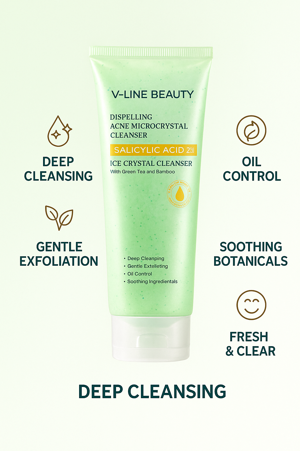 2% BHA Microcrystal Cleansing Facial Gel Scrub – Gentle Exfoliation for Sensitive, Oily, and Acne-Prone Skin - 4.23oz V-Line Beauty