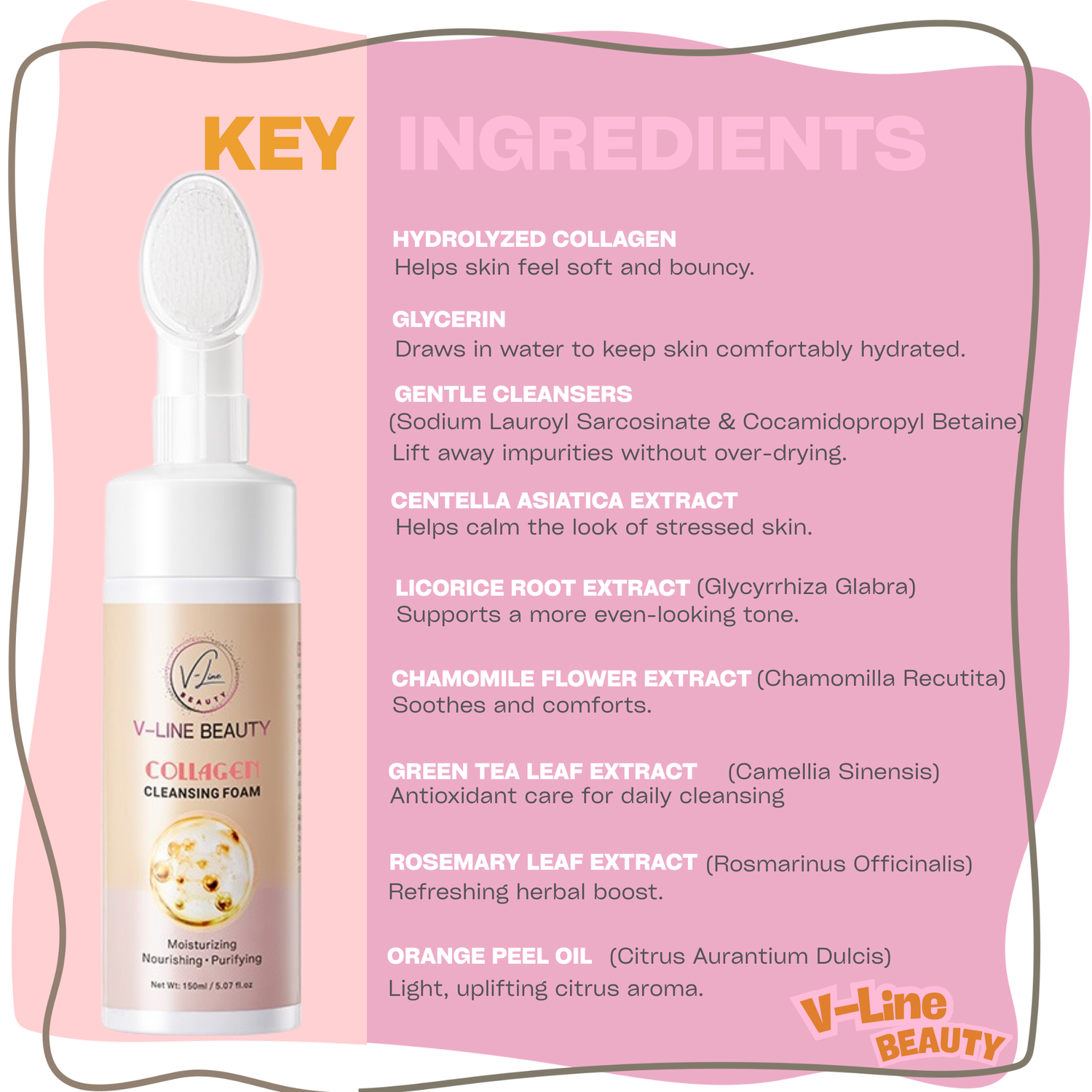 V-Line Beauty Collagen Cleansing Foam with Built-in Brush – Moisturizing, Nourishing &amp; Purifying Face Wash with Botanical Extracts for All Skin Types, Light Citrus Scent, 150 ml / 5.07 fl oz V-Line Beauty