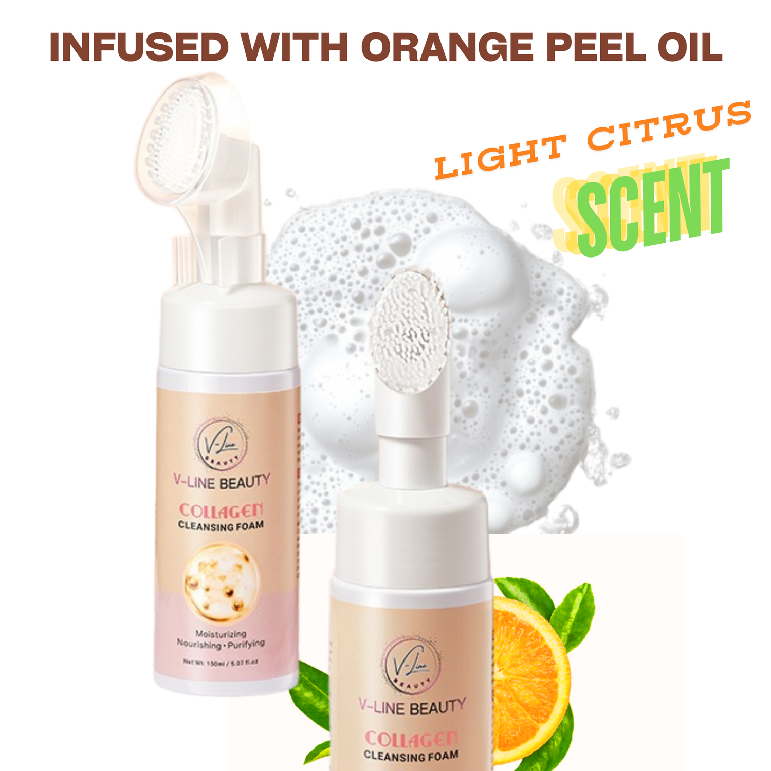 V-Line Beauty Collagen Cleansing Foam with Built-in Brush – Moisturizing, Nourishing &amp; Purifying Face Wash with Botanical Extracts for All Skin Types, Light Citrus Scent, 150 ml / 5.07 fl oz V-Line Beauty