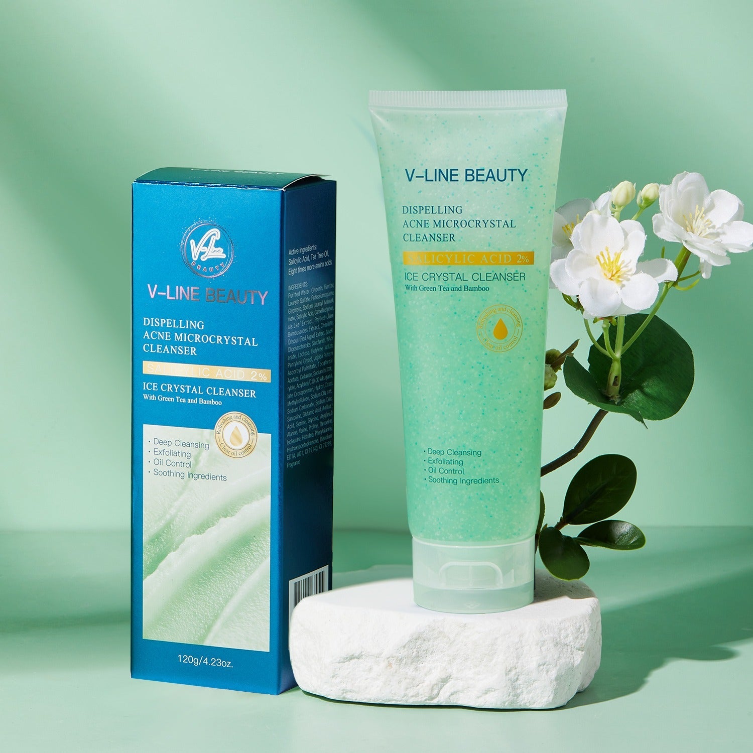 2% BHA Microcrystal Cleansing Facial Gel Scrub – Gentle Exfoliation for Sensitive, Oily, and Acne-Prone Skin - 4.23oz V-Line Beauty